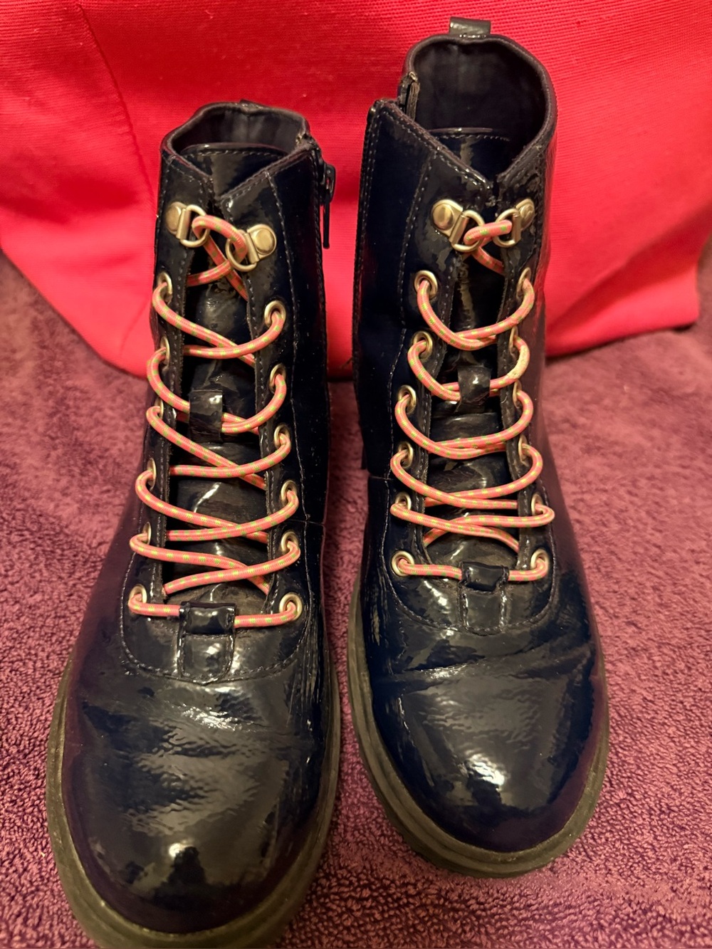 Patent Leather Combat Boots with Coral Laces